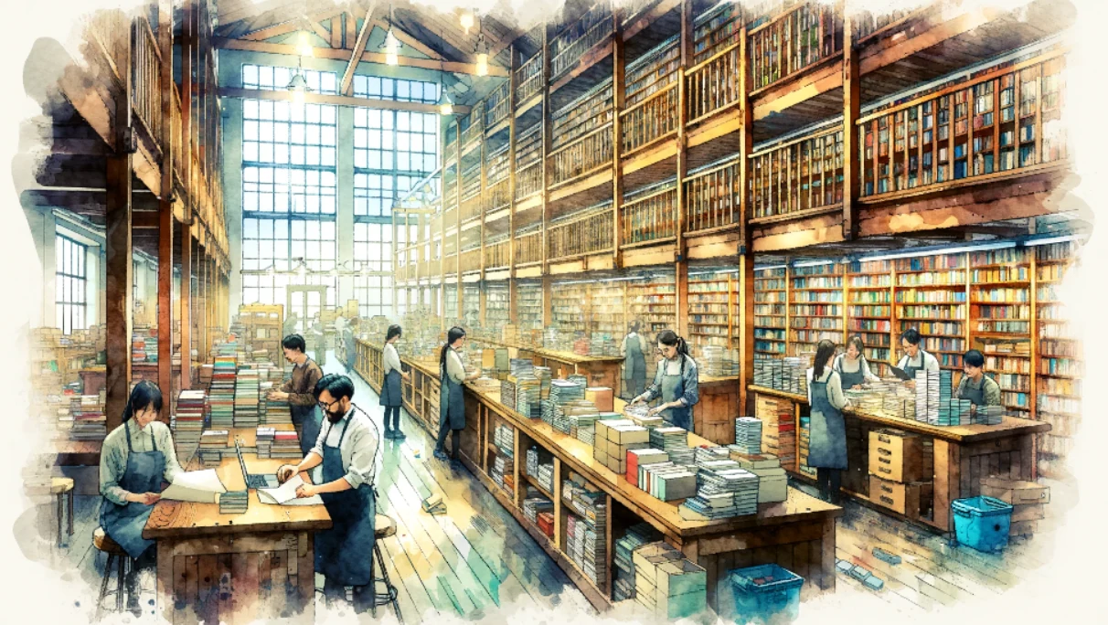 臻品齋暖色書架與閱讀桌的水彩書店示意